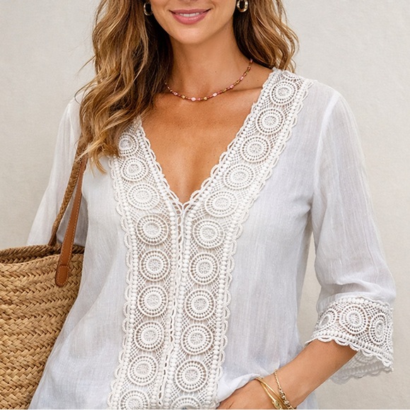 La Blanca White Lace Boho Tunic Blouse Beach Resort Cover Up Crochet Trim Size S - Picture 2 of 13